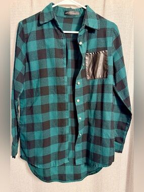 Zanzea Teal and Black Plaid Button-Down with Faux Leather Chest Pocket